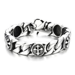 Mens Stainless Steel Curb Chain Link Bracelet with Vintage Cross Charms