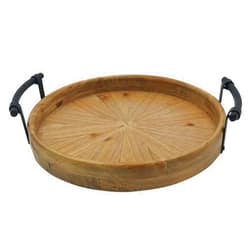 Dugunusu Rustic Round Wooden Decorative Tray with Metal Handles, Multi-Purpose Ottoman Tray, Farmhouse Serving Tray for Coffee Table, Kitchen or Living Room