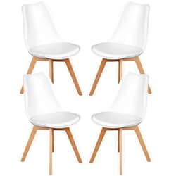 Sweetcrispy Dining Chairs Set of 4, Kitchen Room PU Leather Mid Century Modern Chairs, Upholstered Dining Desk Chairs with Wood Legs for Home Office, White