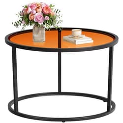SAYGOER Glass Coffee Table Round Modern Coffee Tables Small Mid Century Coffee Table for Living Room Home Office Simple Retro Table Top with Metal Frames, Easy Assembly, Brown Black