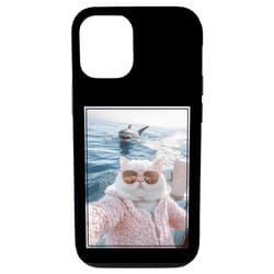 Relaxed Chill Cats Surreal Retro Kitten Aesthetic Cool Fat Cat Selfie on Yacht Boat with Shark Funny Cat Meme Case for iPhone 12/12 Pro