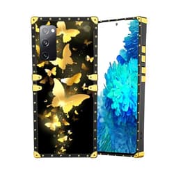 Stewing prerog Compatible with Samsung Galaxy S20 FE 5G Square Case, Golden Flying Butterfly Luxury Golden Decoration for Samsung Case Girls Women,Soft TPU and Hard PC Back Trendy Protective Cover Case