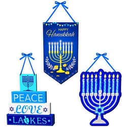 Jetec 3 Pieces Hanukkah Wooden Door Sign Decorations Blue Chanukkah Rustic Menorah Wall Decor for Home Happy Hanukkah Party Decoration