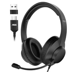 AOC USB Headset with Microphone for PC, Over-Ear Wired Headphones with Mic, Noise-Cancelling Boom, 40mm Audio Drivers, USB-A/C Compatibility for Office, Call Centers & Online Meetings (Black)