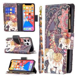 Clarks NightDog Compatible with iPhone 13 Wallet Case, Premium PU Leather with Zipper Wrist Strap Magnetic Closure Built-in Kickstand Protective Case (Elephant, iPhone 13)
