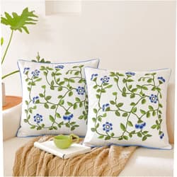 Teyeuf Embroidered Florals Throw Pillow Covers 18x18 Set of 2 Blue and Green Vine Decorative Cushion Covers for Couch or Bed - Farmhouse Style Soft Cotton Pillowcases for Home Decor