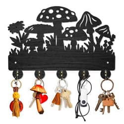 MAYJOYDIY Mushroom Wall Mounted Coat Rack Wildflower Meadow Wood Key Hooks for Wall 11.8×7.9inch Black Key Holder Hanger Wall Art Decor with 5 Alloy Hooks for Gift Hallway Entryway Kitchen