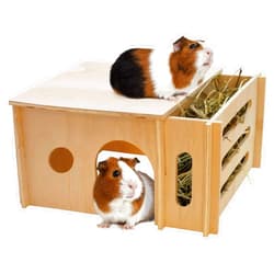 Fhiny Guinea Pig Wood House with Hay Feeder, Detachable Chinchilla Hut Hideout Small Animal Hideout Hideaway Natural Hamster Habitat Decor for Guinea Pig Chinchilla Dwarf Rabbit Hamster