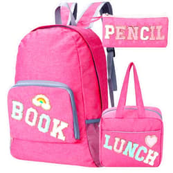 Paterr 3 Pcs School Backpack Set for Girls Teen Preppy Back to School Gift Pink Chenille Letter Bookbag with Lunch Bag and Pencil Pouch Heart Rainbow Patches