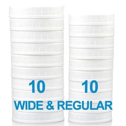 AOZITA 10 WIDE Mouth & 10 REGULAR Mouth Mason Jar Lids - 20 Pack Food Grade Plastic Mason Jar Caps for Ball, Kerr and More Canning Jars - Leakproof & Dishwasher Safe - White