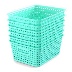 WYT 6-Pack Plastic Small Shelf Storage Weave Baskets Organizing for Cabinets and Pantries, Sky Blue