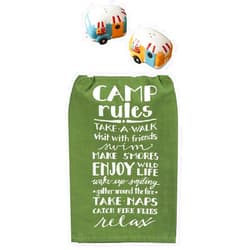 Donna's Home Emporium 3 Piece Camper Kitchen Accessory Bundle, Vintage Camper Salt/Pepper Set and Camp Rules Towel