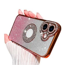MINSCOSE Compatible with iPhone 16 Glitter Case,Luxury Cute Sparkle Diamond Design with Bling Camera Protection Plating Logo View,Aesthetic Shockproof Bumper for Women Girls Phone Cover-Pink