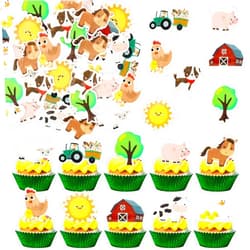 Gyufise 55Pcs Edible Farm Theme Cupcake Toppers Wafer Paper Animal Cartoon Tractor Barnyard Cupcake Toppers Dessert Muffin Cake Picks Cake Decoration for Baby Shower Birthday Party Decoration Multi