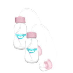 Tinukim iFeed 4 Ounce Self Feeding Baby Bottle with Tube - Handless Anti-Colic Nursing System, Pink - 2-Pack