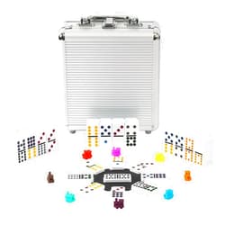 PLAYWUS Double 15 Coloured Dot Dominoes Mexican Train Game Set with Aluminum Case, 136 Tiles 9 Trains, Scoreboard, Octagon Shape Hub…