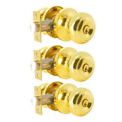 Probrico Polished Brass Keyed Alike Entry Door Knobs, Ball Door Knob Entrance Bedroom Door Lockset with Lock and Same Keys, 3 Pack