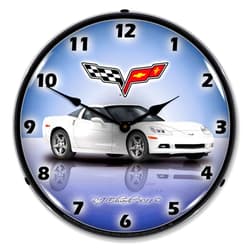 Collectable Sign and Clock Corvette C6 Artic White LED Wall Clock, Retro/Vintage, Lighted, 14 inch