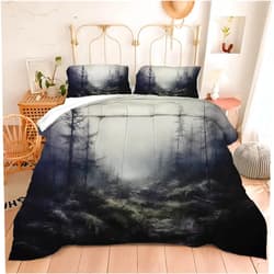 Motorax Black Misty Forest Gloomy Terrifying Bedding Set Queen, Foggy Primitive Smoky Forest Quilt, Queen Size with 1 Comforter + 2 Pillowcases