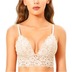 DOBREVA Women's Lace Padded Bralette Plunge Wireless Longline Bra for A to D Cups