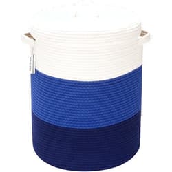 Sea Team Large Size Cotton Rope Woven Storage Basket with Lid, Lidded Laundry Hamper with Handles, Fabric Bucket with Cover, Clothes Toys Organizer for Kid's Room, 16 x 20 inches, White & Navy