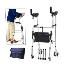 FKDEWALKER Wheeled Walker with Arm Rest,Aluminium Foldable Walking Frame, Walking Mobility Aid， Lower Limb Trainer Standard Walker for Elderly (Color : 6 Wheels+4 Walker Legs+seat+Bag)