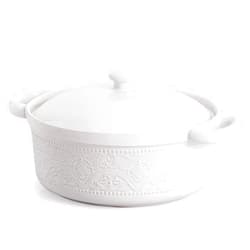 FE FUN ELEMENTS FUN ELEMENTS Casserole Dish, 2 Quart Lace Emboss Dish with Lid, Oven to Table Ceramic Round Serving Handles for Dinner and Party, Thanksgiving Christmas Gifts(Bright White)