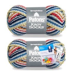 Bella's Crafts Patons Kroy Socks Yarn 2-Pack Bundle with Bella's Crafts Stitch Markers (Blue Striped Ragg)
