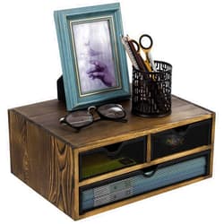MyGift Rustic Burnt Brown Solid Wood Desktop Organizer Box with 3 Removable Black Metal Mesh Trays, Office Desk Supplies Storage Drawers for Accessories