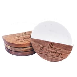 The Wedding Party Custom Personalized Marble, Slate and Acacia Bar Coasters for Drinks, Wedding Gift for Couples (Round Marble and Acacia)