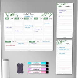 ALEZEL Magnetic Weekly Dry Erase Board for Fridge, Greenery Weekly Calendar Whiteboard Set for Refrigerator - Magnetic Weekly Calendar Planner with 2 List Boards, 4 Markers + Eraser