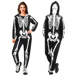Waipfaru Halloween Skeleton Costume Women-Skeleton Onesie Adult -Front and Back Bone Print with Zip Up Hooded