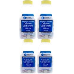 Reliable-1 Laboratories Calcium 500 mg Generic for Tums Assorted Fruit Flavored Chewable Tablets Regular Strength Antacid for Acid Indigestion, Heartburn, Sour Stomach 150 Chewable Tablets per Bottle Pack of 4