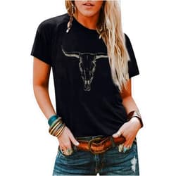 UNIQUEONE Boho Cow Skull Shirt Women Cowgirl t Shirt Vintage Western Rodeo Graphic Tee Short Sleeve Bull Skull Casual Top