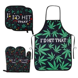 Reallnaive 3 Pcs Marijuana Weed Gift Include Weed Kitchen Apron Green Leaf Oven Mitt and Safe Mats for Novelty Kitchen Accessories Jamaica Hemp Favors Cooking BBQ Baking Grilling