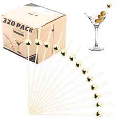 DUIDO Bamboo Cocktail Picks Skewers Toothpicks - (Pack of 320) 4.75 Inch Gold Pearl Wooden Frill Tooth Picks for Appetizer Martini Food Garnish Cocktail Sandwich Fruit Kabobs – Catering Weddings Decorative