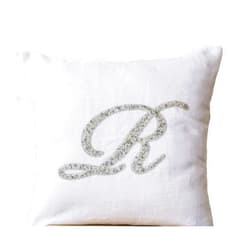 Amore Beaute Handmade White Linen Decorative Throw Pillow Covers with Customized Monogram Letter in Silver Sequin Detail - Sequin Monogrammed Pillow Cover (16 x 16)