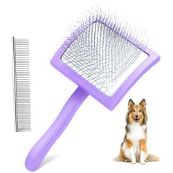WOPQAEM Dog Slicker Brush for Grooming Hair, Long Pin Brush for Shedding Medium & Long Haired Cats. Dematting Tool for Removes Loose Fur, Tangles, Knots, Undercoat, Free Pet Comb - Large, Purple