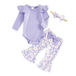 Molgkyo Newborn Baby Girl Fall Outfits Ribbed Long Sleeve Ruffle Romper Floral Flared Pants Headband Set 3Pcs Winter Clothes