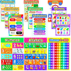 Blulu 12 Pcs Spanish Classroom Posters Learning Spanish Classroom Decorations for Kids Abecedario Para Niños En Español Numbers Alphabet Colors Bilingual Educational Posters 16 x 11''