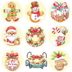 eniref 8 Pcs Christmas Diamond Art Coasters Kits with Holder, Gingerbread Snowman 5D DIY Diamond Pinting Coasters Acrylic Round Cup Coaster with Cork Pads for Tabletop Protection 10×10 CM