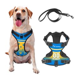 Cokpet Custom Los Angeles Dog Harness with Reflective Stripes Personalized Name and Number Dog Vest Harness with Pet Traction Rope for Small Medium Large Dog