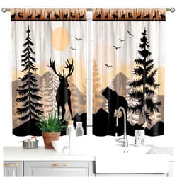 MAHIPOCI Kitchen Curtains Forest Sunset Country Rustic Farmhouse Cafe Curtains Decor for Dining Room Tier Curtains Over Sink Retro Forest Bear Deer Rod Pocket Window Drapes Fabric 2 Panels 26x36 Inch