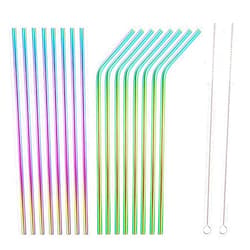 HOMQUEN 18 Piece Colorful Stainless Steel Straws, 8.5 '' Reusable Drinking Rainbow Straws,with Portable Pouch (8 Straight/8 Bent/2 Brushes)