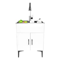 HaoYunNe Kitchen Sink with Cabinet Freestanding Laundry Sink with Pull-Out Faucet and Drain Basket for Kitchen Laundry & Utility Room Garage Hotel RV, 23.6x17.7x30.7 in Cabinet (White)