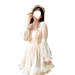 QNNGXX French Fairy Niche Lace Dress Women Long Sleeve Vintage Design New Dress Kawaii Skirt (Color : Apricot, Size : Small)