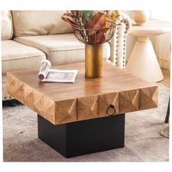HESIEU Farmhouse Square Coffee Table with 2 Drawers Cocktail Table Creative Country Center Table with Diamond Pattern and Round Pulls for Living Room, Dining Room and Home Office