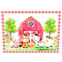 YongFoto 5x3ft Cartoon Farm Backdrop Red Pink Barn Pasture Watercolor Farmhouse Fences Pig Horse Sheep Meadow Cow Chick Trees Green Grass Tree Photography Background Birthday Party Kids Photo Props
