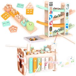 Wuzhineisn 3 in 1 Wooden Montessori Toys for 1 Year Old, Whack a Mole Game with Xylophone & Fishing Game, Car Ramp Toy, Stacking Blocks & Shape Sorter Wooden Toddler Toys 1 2 3 for Christmas Birthday Gifts
