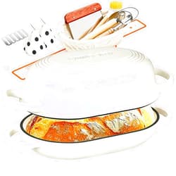 Umite Chef Enameled Cast Iron Dutch Oven for Bread Baking - incl. Sourdough Bread-Baking Supplies like Banneton Bread-Proofing Basket - 5QT Loaf Cast Iron Bread Oven Pan& Meatloaf Pan with Lid, Sour Sough Tools, Lame (Cream White）